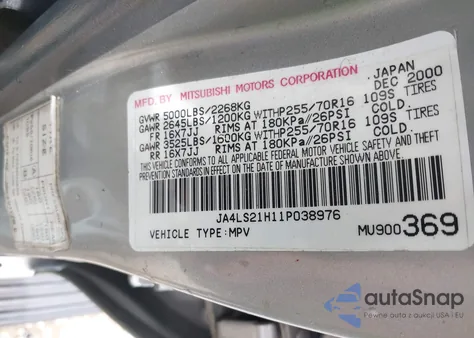 2001 Mitsubishi Montero Sport Es/Ls from USA, damaged, VIN JA4LS21H11P038976